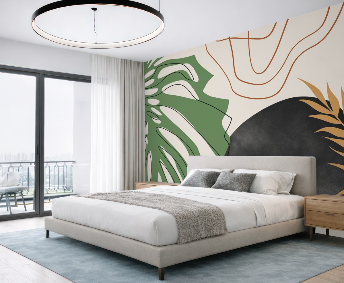 Fototapeta Tropikalny liść monstery, abstrakcyjne plamki i pasy.