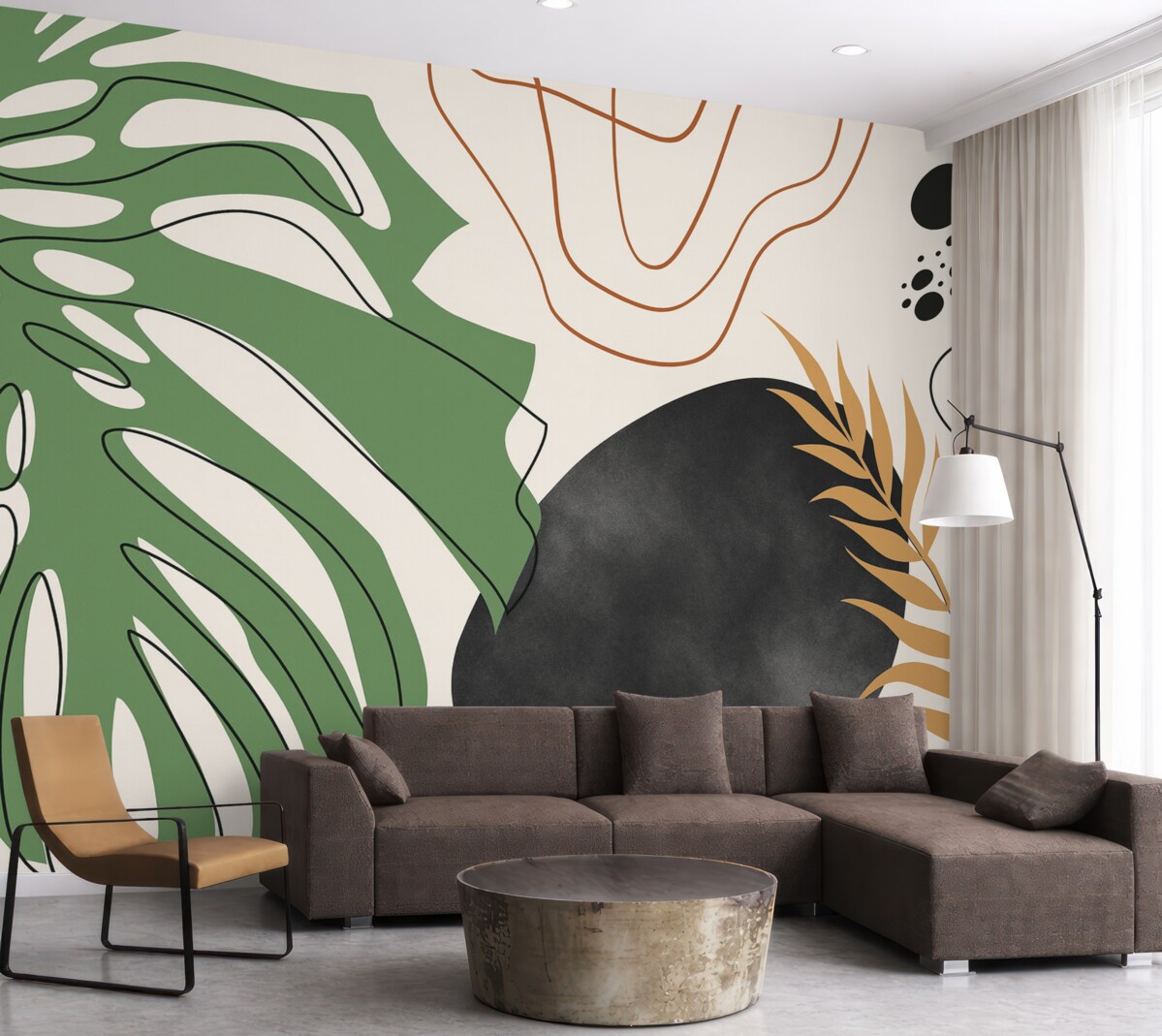 Fototapeta Tropikalny liść monstery, abstrakcyjne plamki i pasy.