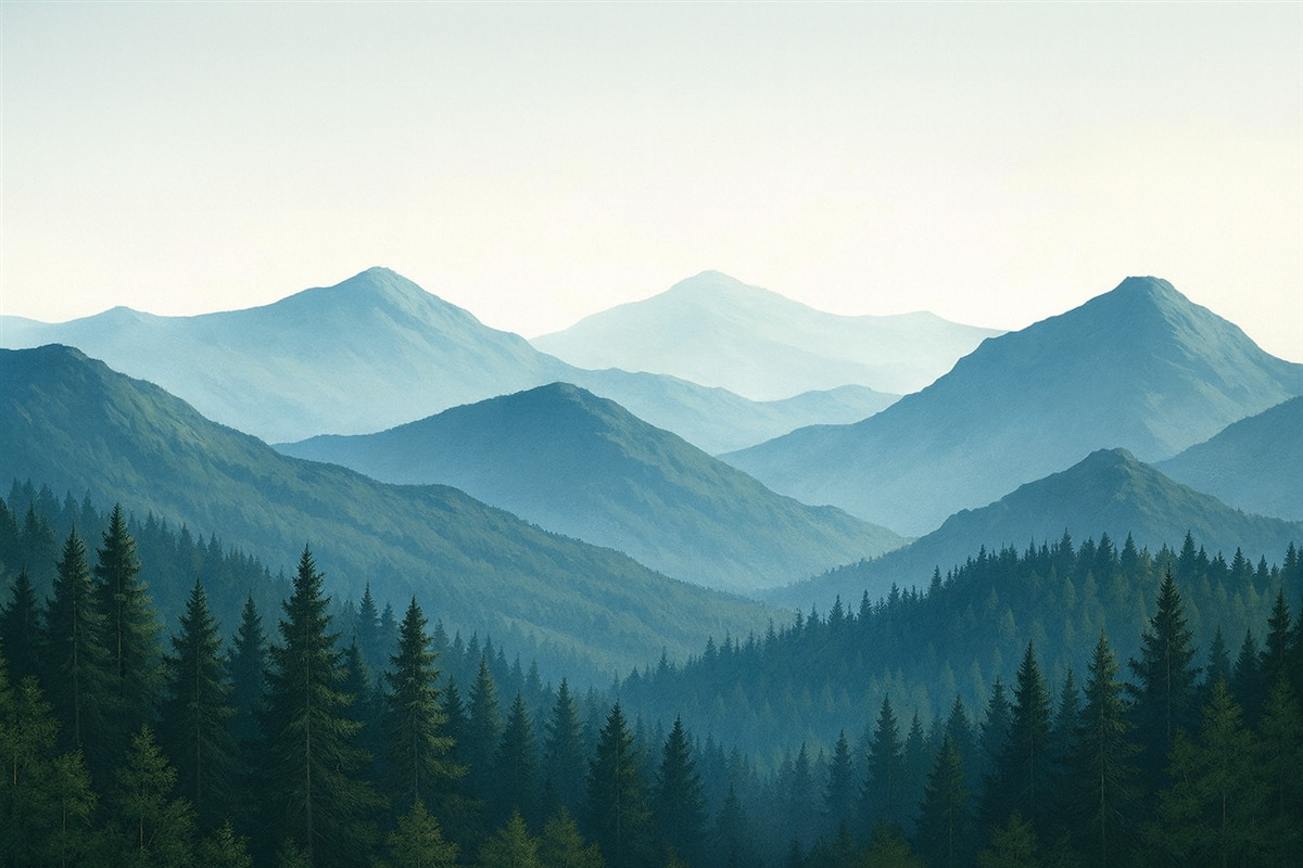 Fototapeta Sylwetki gór w błękitnych tonacjach.