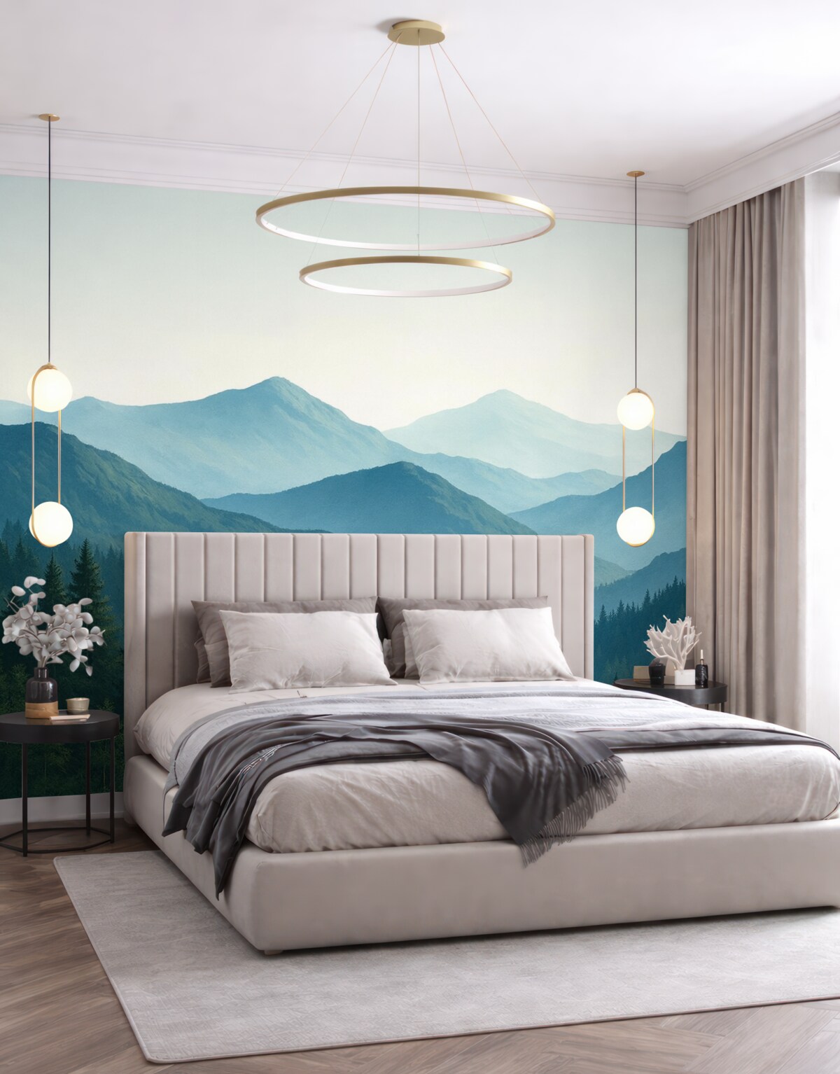 Fototapeta Sylwetki gór w błękitnych tonacjach.