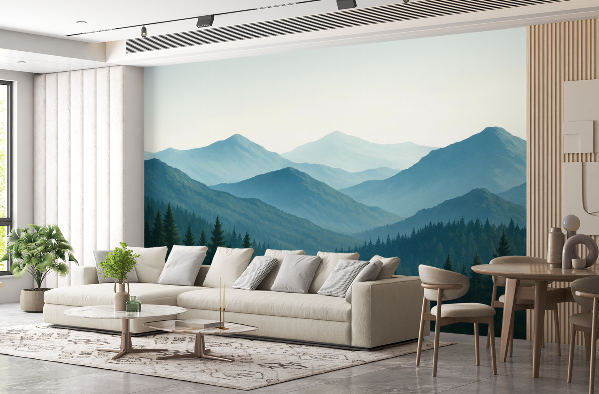 Fototapeta Sylwetki gór w błękitnych tonacjach.