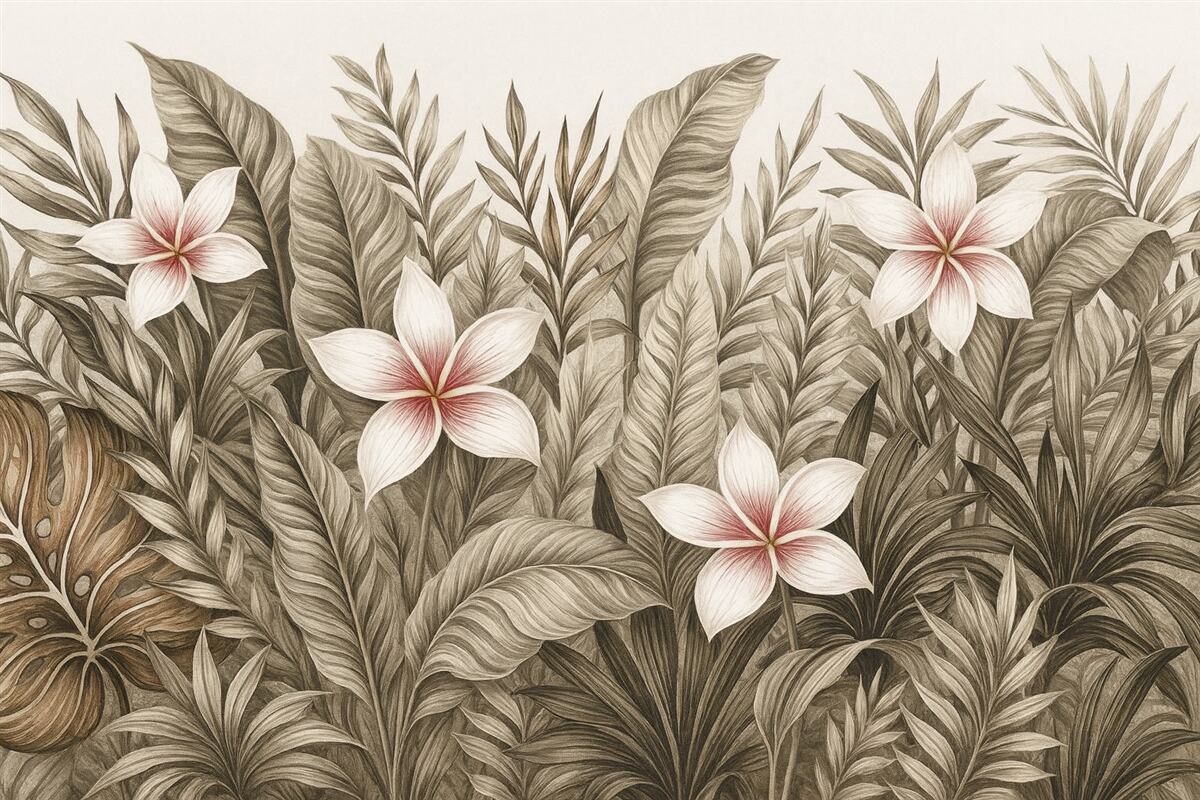 Fototapeta Tropikalne liście oraz kwiaty.