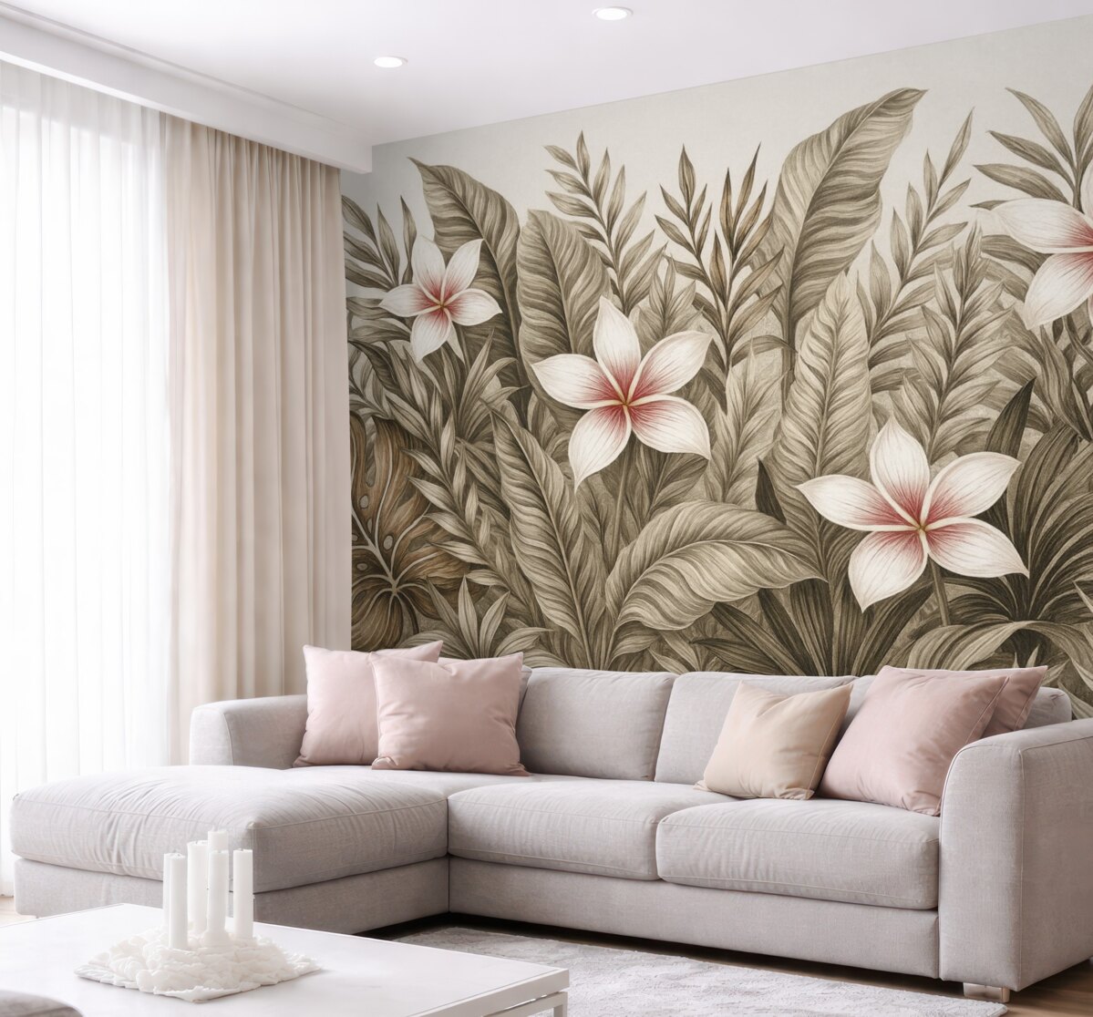 Fototapeta Tropikalne liście oraz kwiaty.