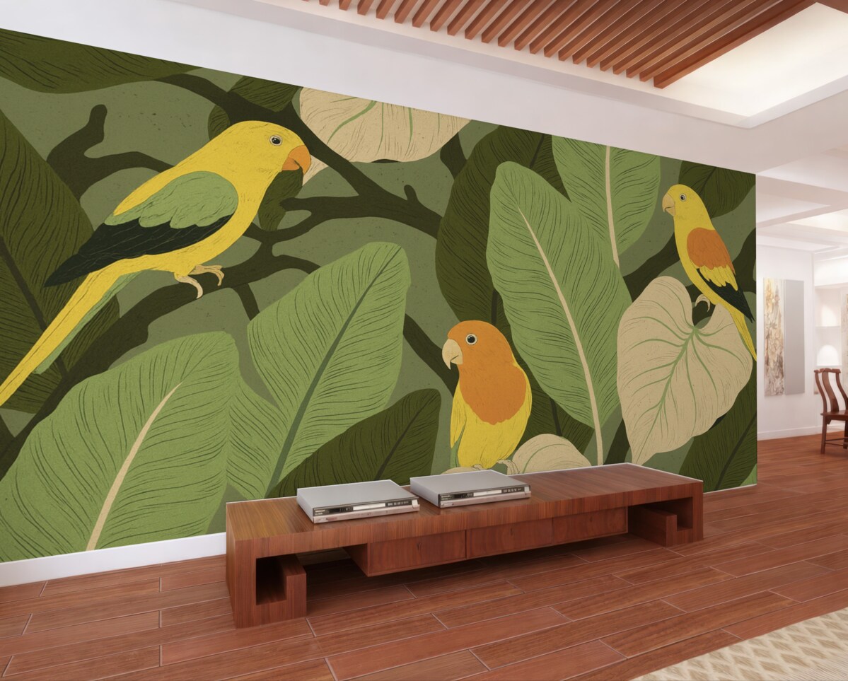 Fototapeta egzotyczne liście z ptakami papugami