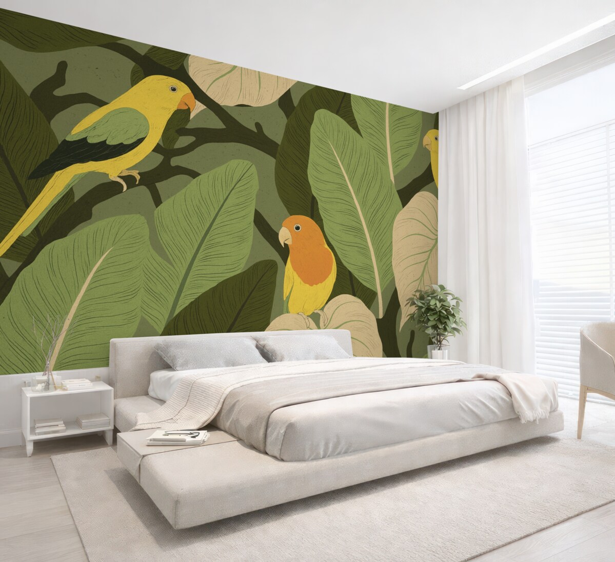 Fototapeta egzotyczne liście z ptakami papugami