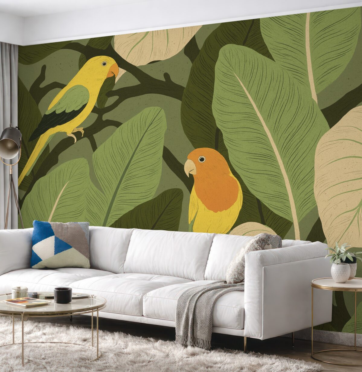 Fototapeta egzotyczne liście z ptakami papugami