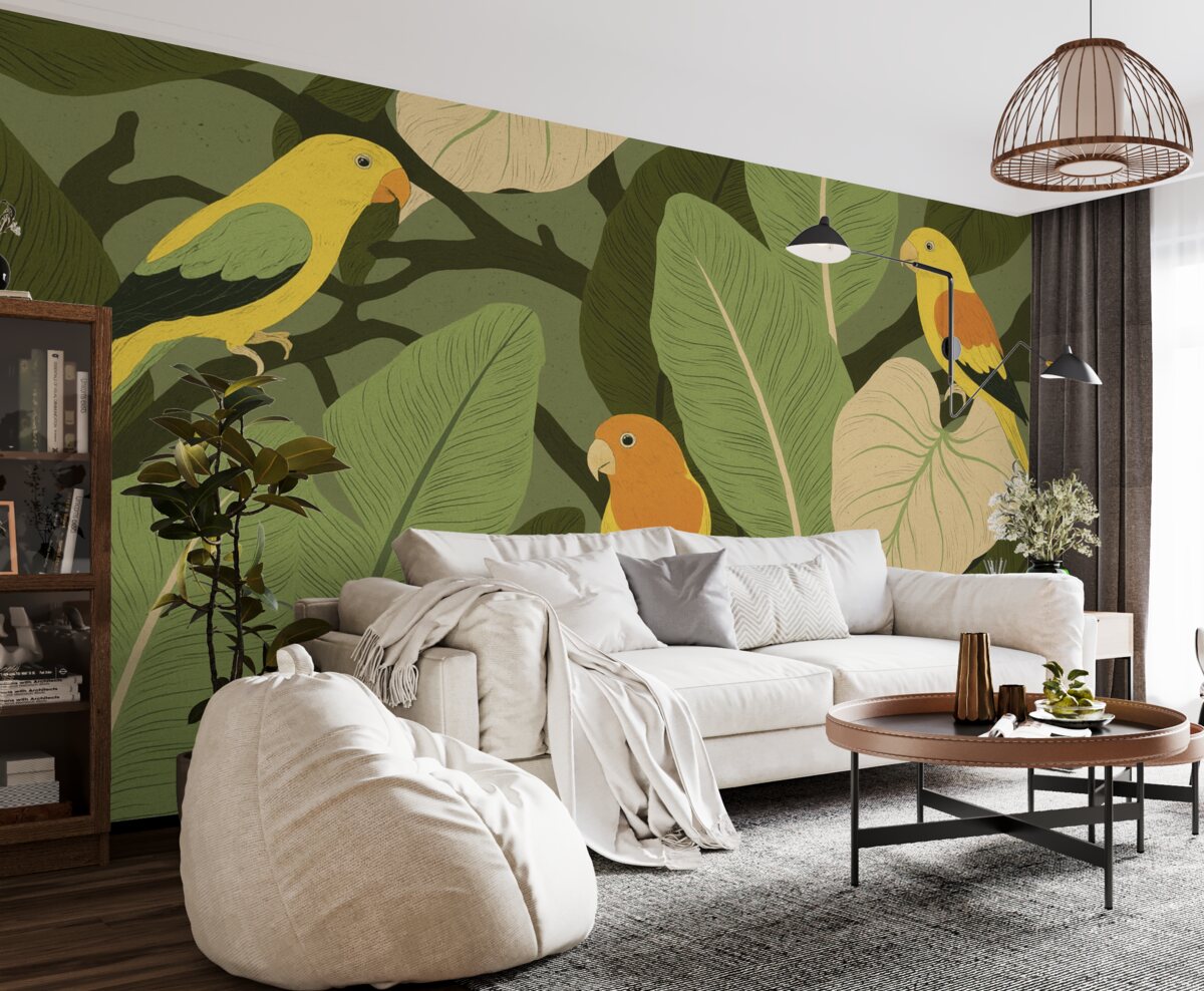 Fototapeta egzotyczne liście z ptakami papugami