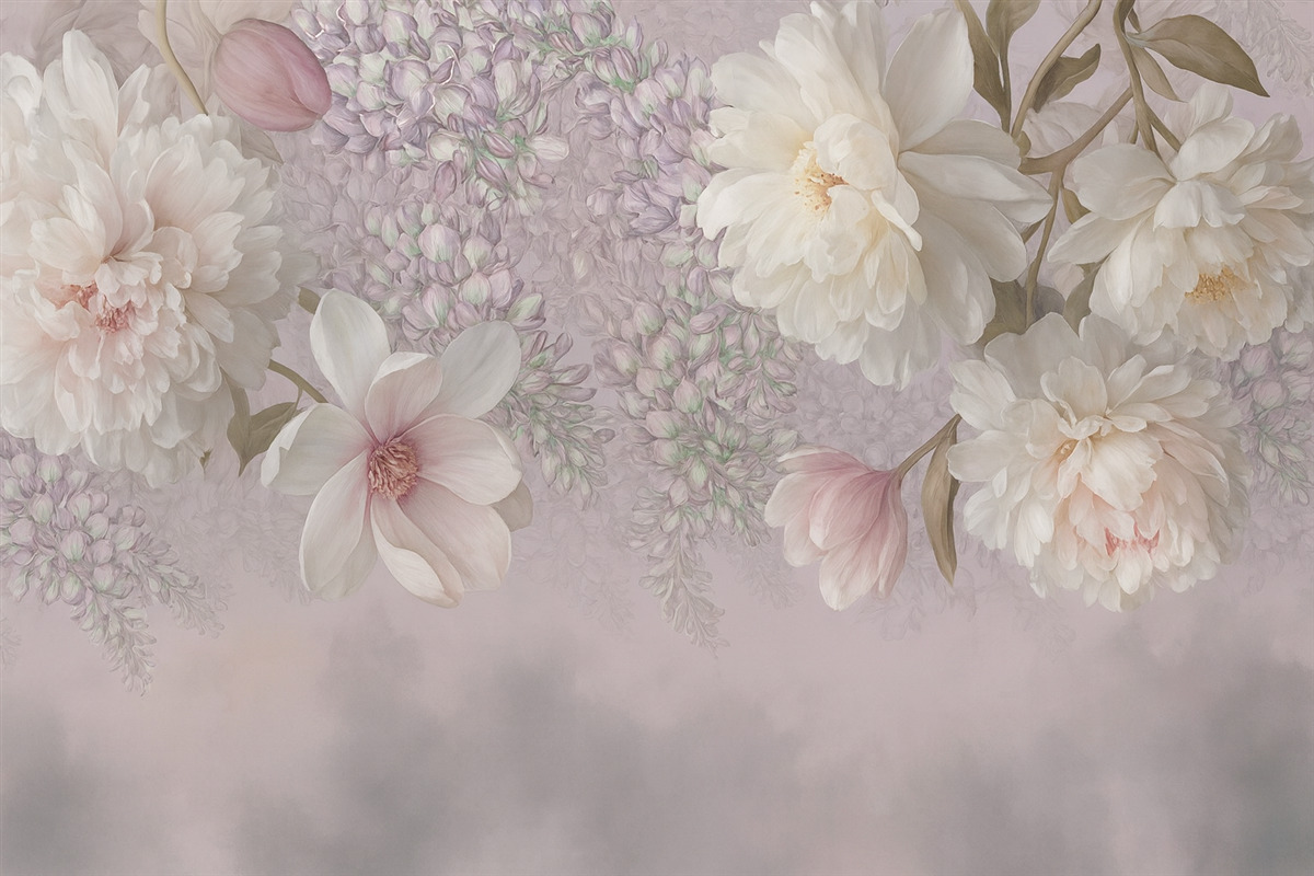 Fototapeta Wielkie kwiaty piwonii, róż oraz tulipanów.