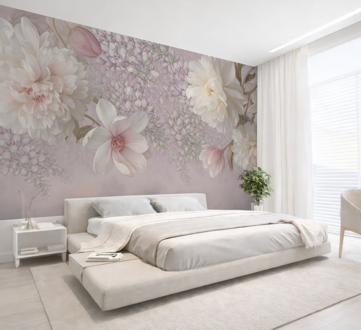 Fototapeta Wielkie kwiaty piwonii, róż oraz tulipanów.