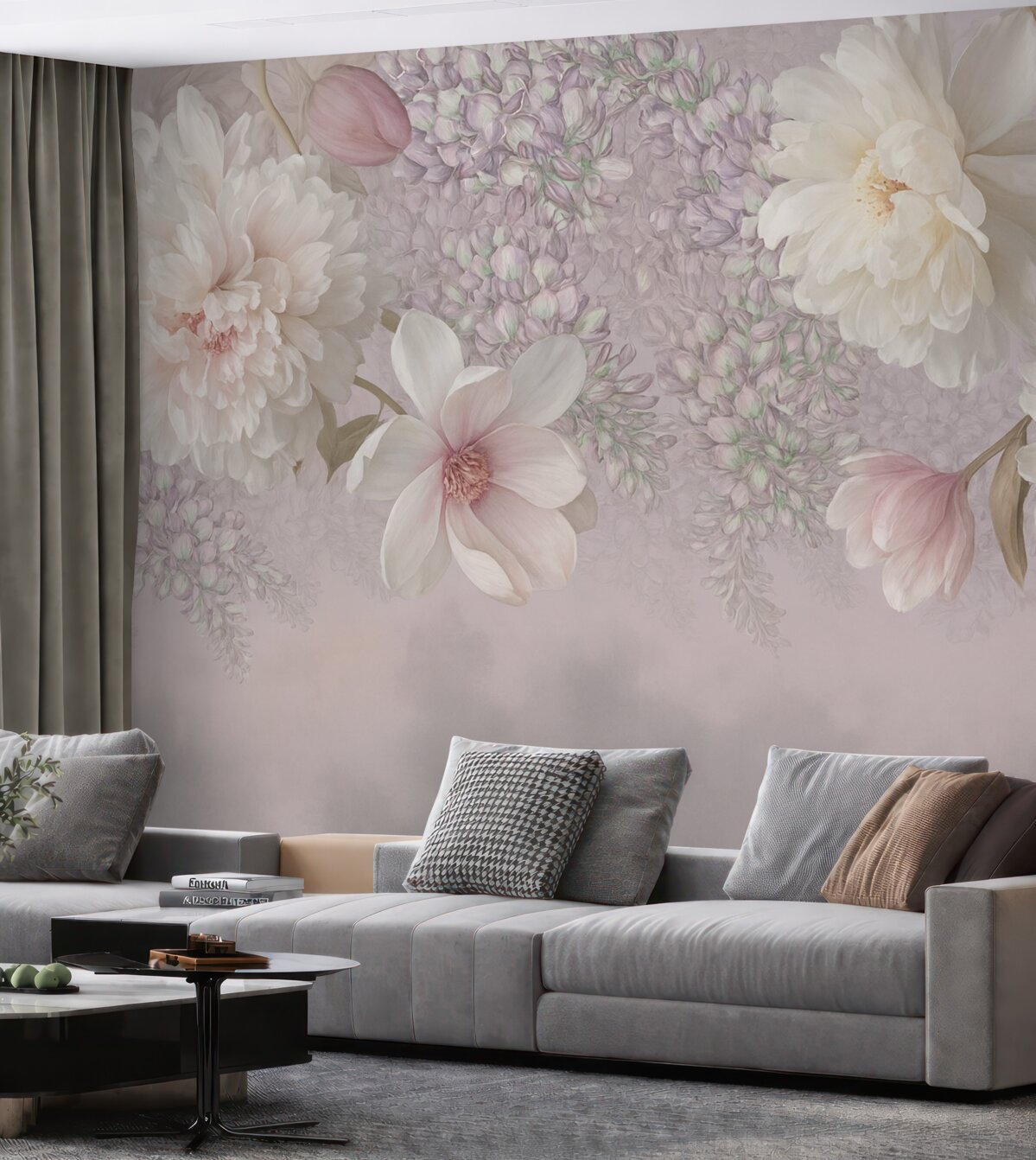 Fototapeta Wielkie kwiaty piwonii, róż oraz tulipanów.