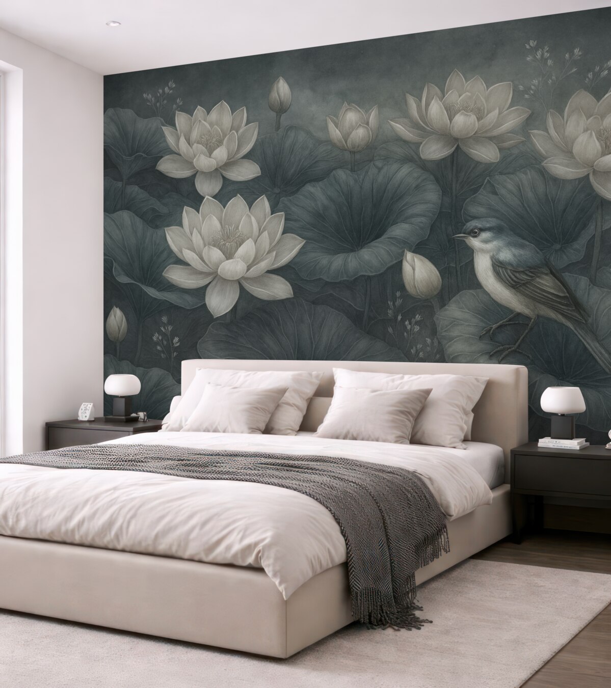 Fototapeta Cudowne kwiaty lotosu z liśćmi i ptakiem.