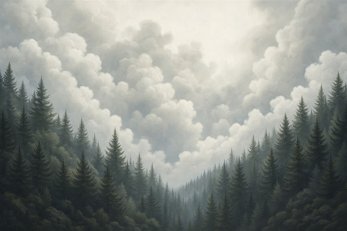 Fototapeta Pomalowane gęste chmury nad lasem w technice olejnej.