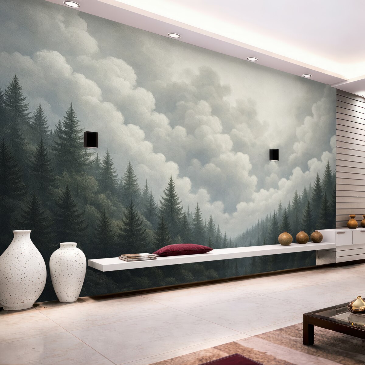 Fototapeta Pomalowane gęste chmury nad lasem w technice olejnej.