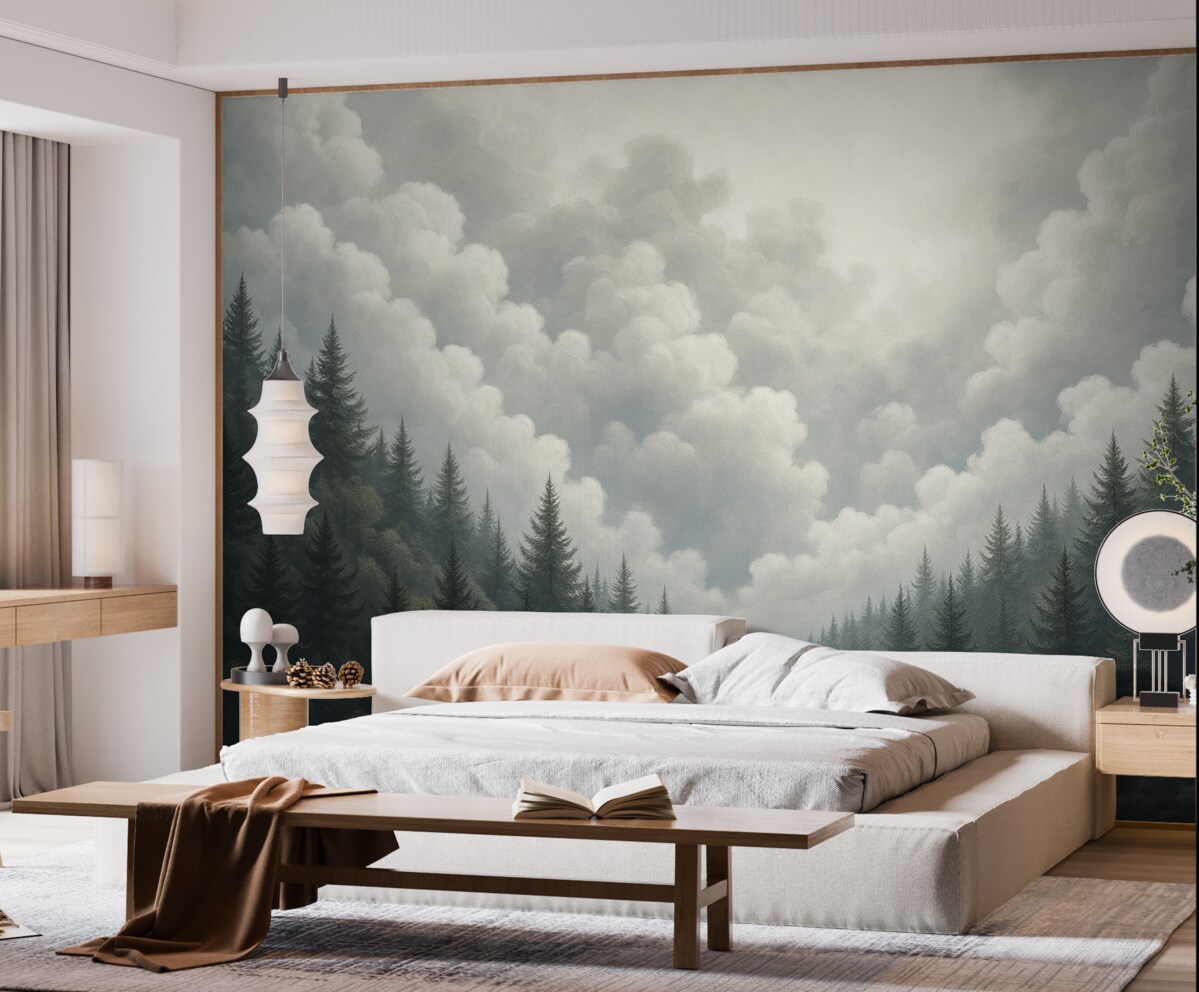 Fototapeta Pomalowane gęste chmury nad lasem w technice olejnej.