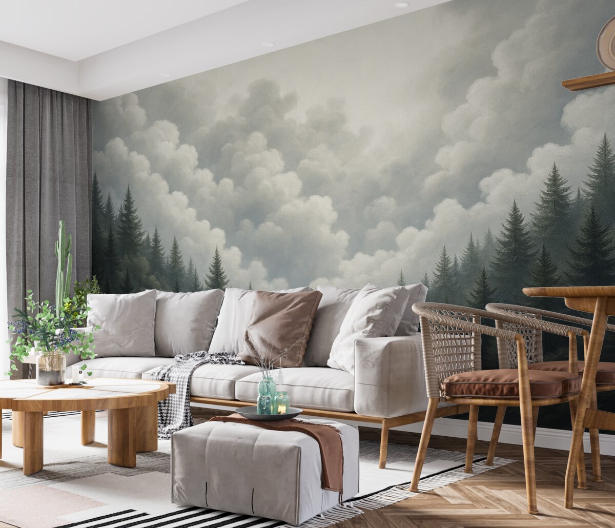 Fototapeta Pomalowane gęste chmury nad lasem w technice olejnej.