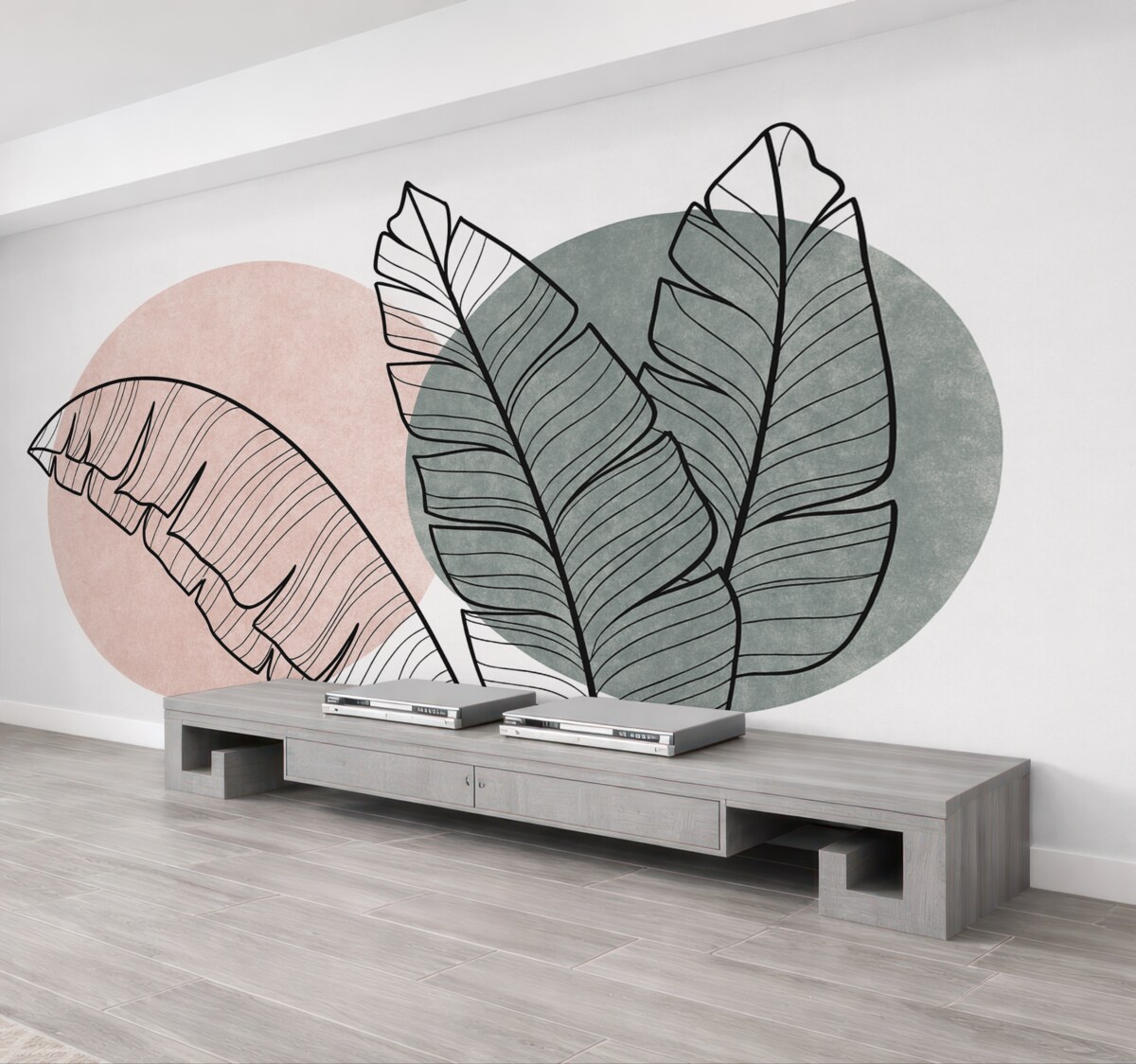 Fototapeta Liście palmy bananowej rysunek linii na różowej i zielonej plamie wzoru.