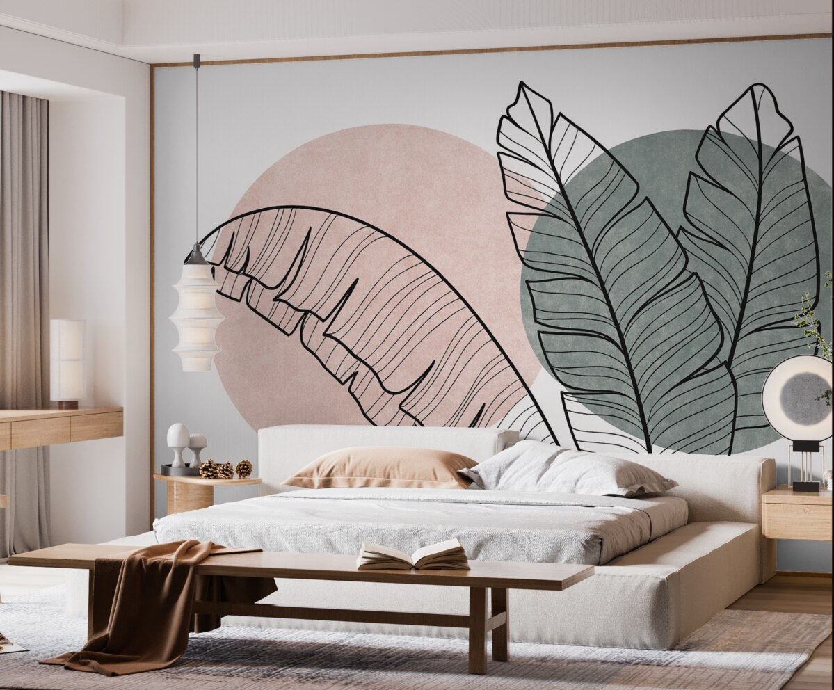 Fototapeta Liście palmy bananowej rysunek linii na różowej i zielonej plamie wzoru.