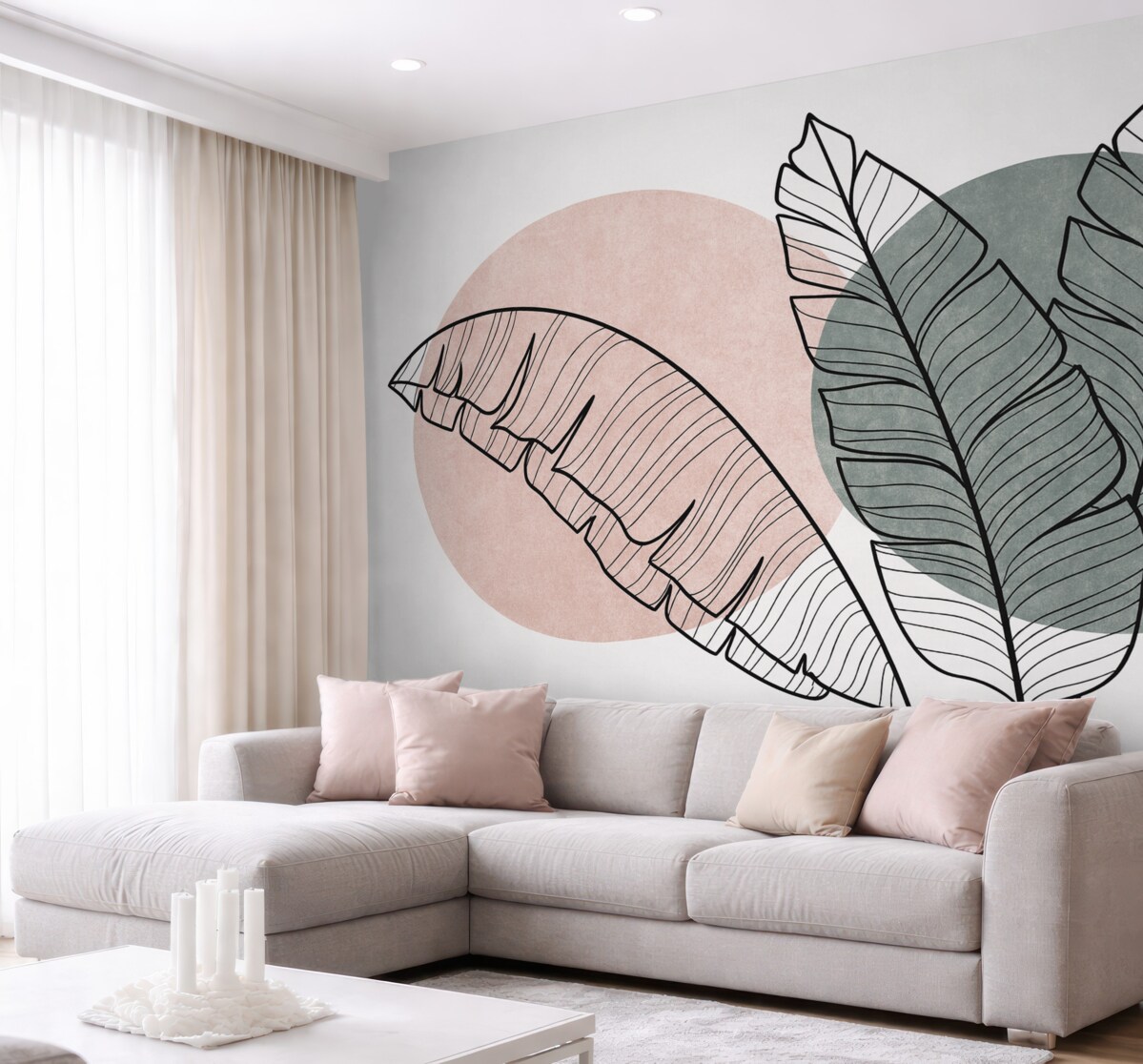 Fototapeta Liście palmy bananowej rysunek linii na różowej i zielonej plamie wzoru.