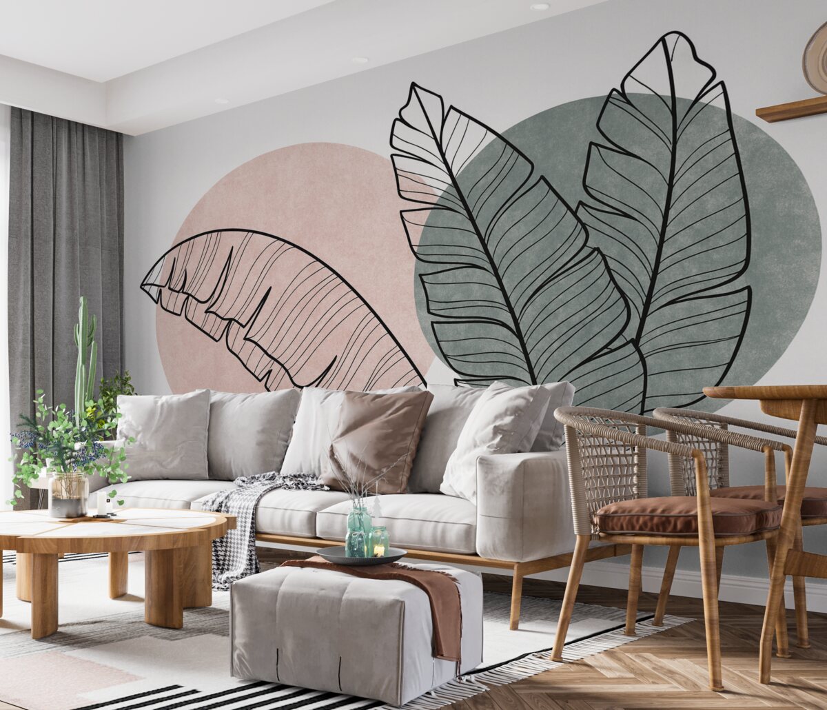 Fototapeta Liście palmy bananowej rysunek linii na różowej i zielonej plamie wzoru.