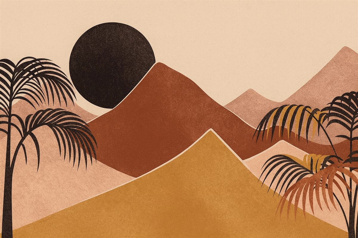 Fototapeta Abstrakcyjny pejzaż górski z palmami.