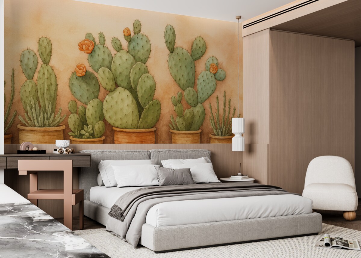 Fototapeta Kaktusy w pojemnikach przy murze.