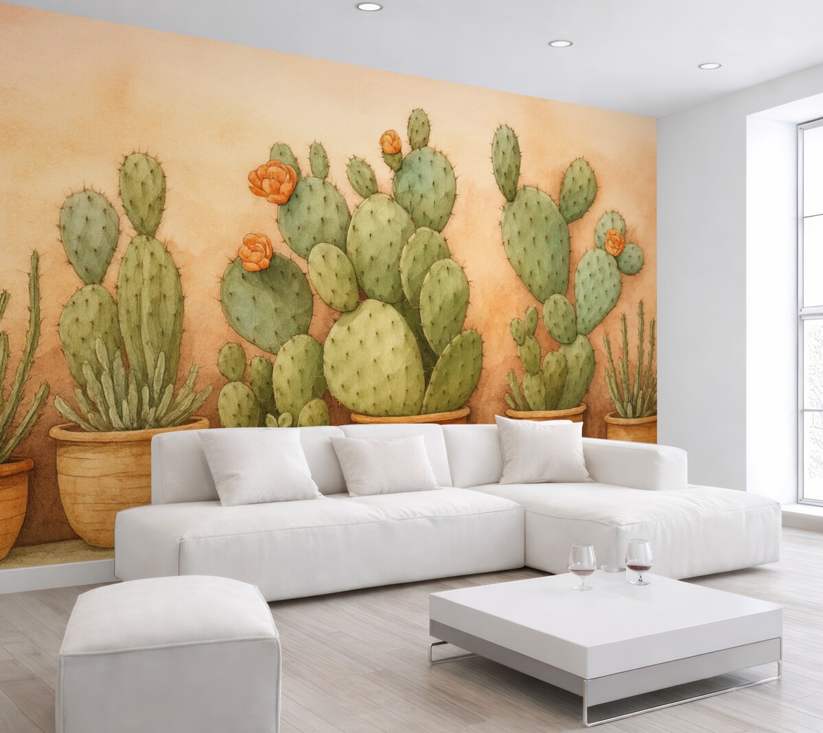 Fototapeta Kaktusy w pojemnikach przy murze.