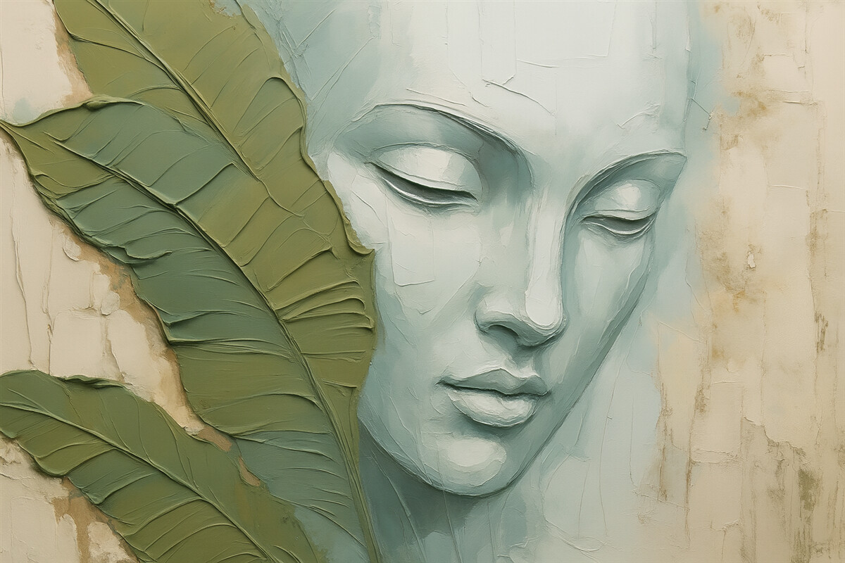 Fototapeta Oblicze w sąsiedztwie tropikalnych liści naśladujące pociągnięcia oraz fakturę farby.