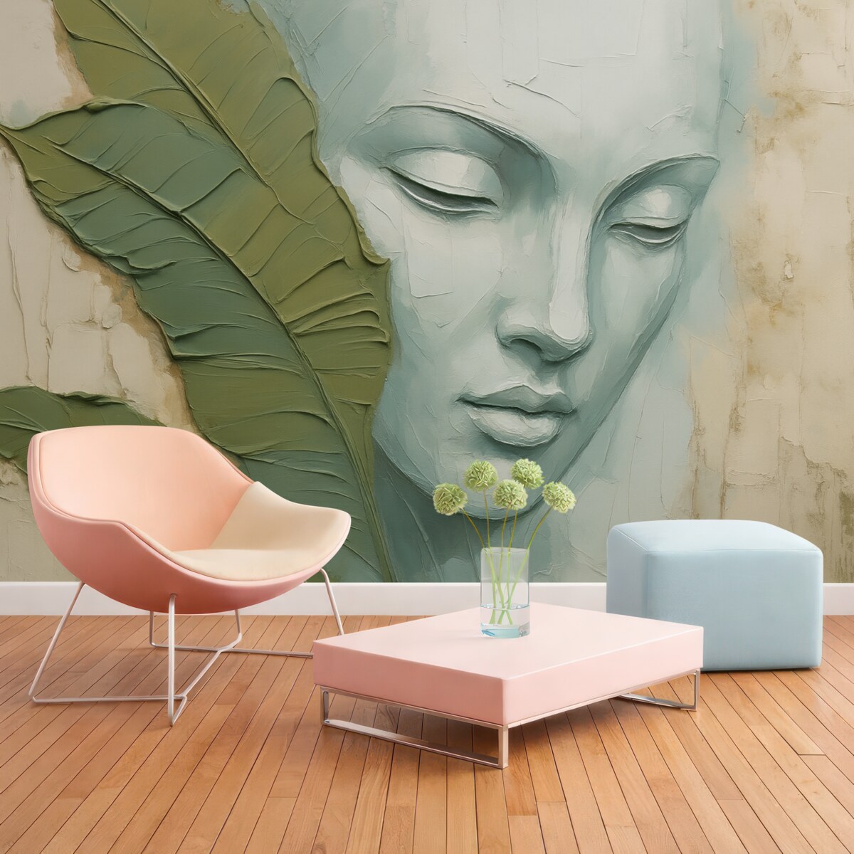 Fototapeta Oblicze w sąsiedztwie tropikalnych liści naśladujące pociągnięcia oraz fakturę farby.