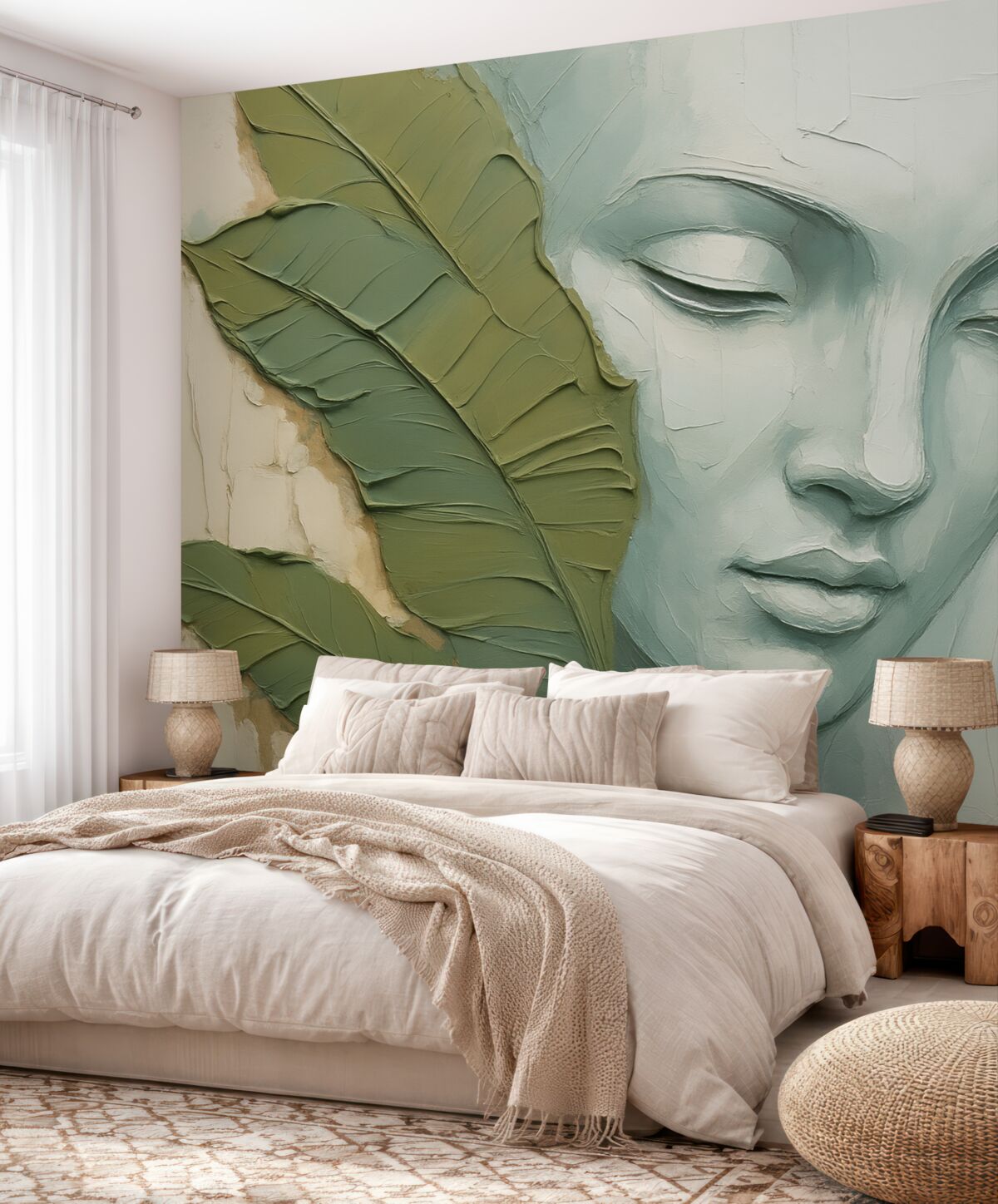 Fototapeta Oblicze w sąsiedztwie tropikalnych liści naśladujące pociągnięcia oraz fakturę farby.