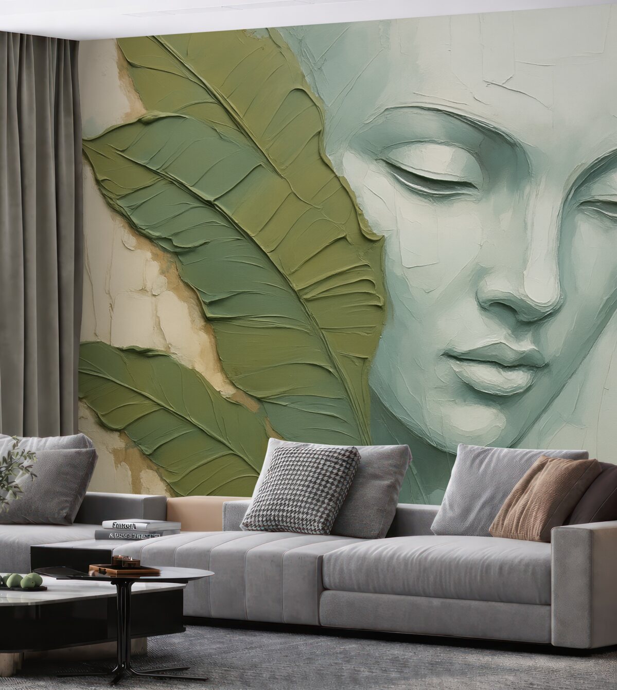 Fototapeta Oblicze w sąsiedztwie tropikalnych liści naśladujące pociągnięcia oraz fakturę farby.