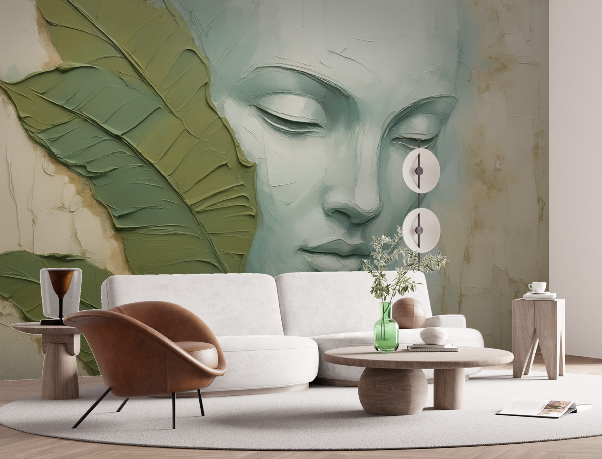 Fototapeta Oblicze w sąsiedztwie tropikalnych liści naśladujące pociągnięcia oraz fakturę farby.