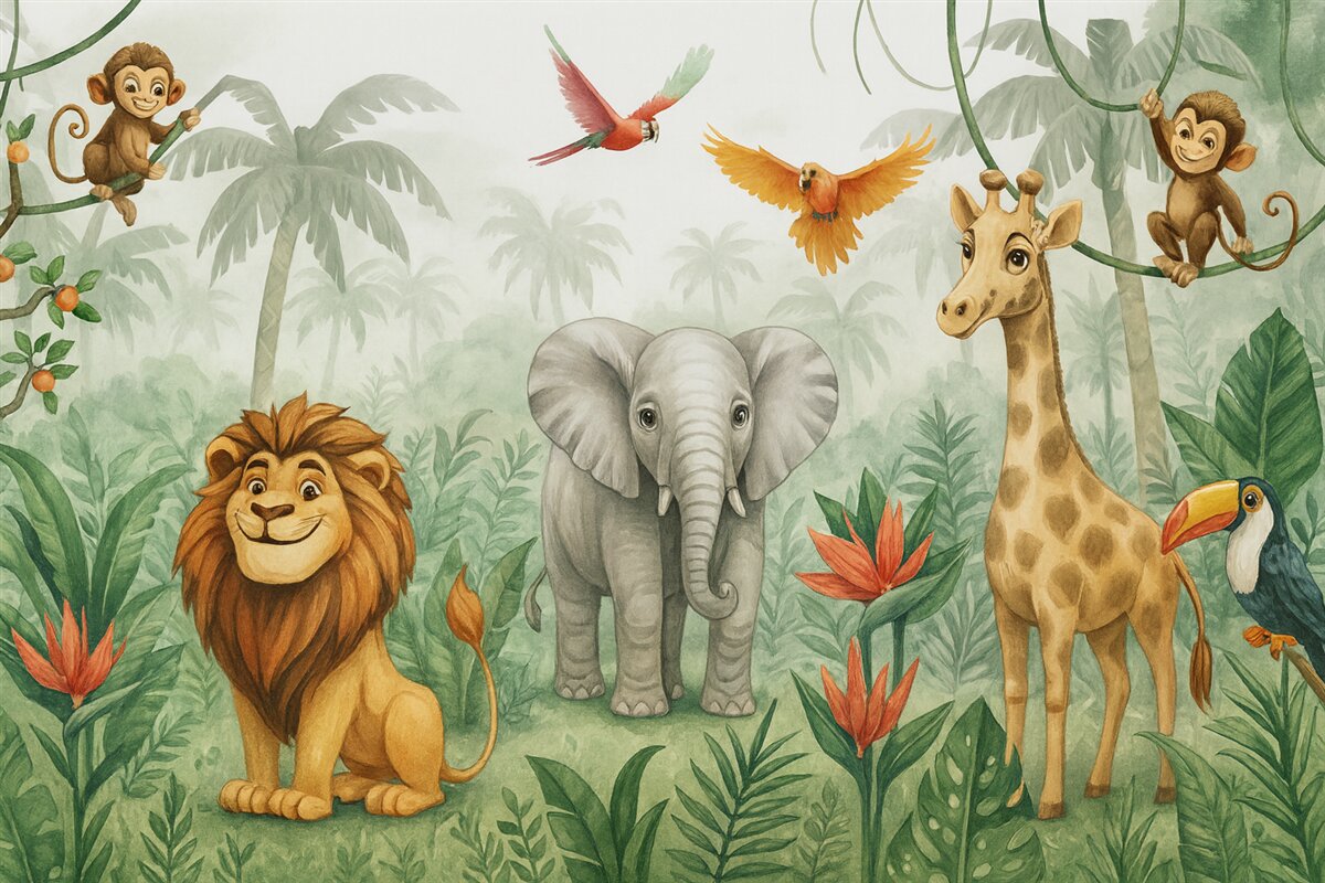 Fototapeta Dziecięcy motyw jungli z lwem, żyrafą, słoniem i papugami.