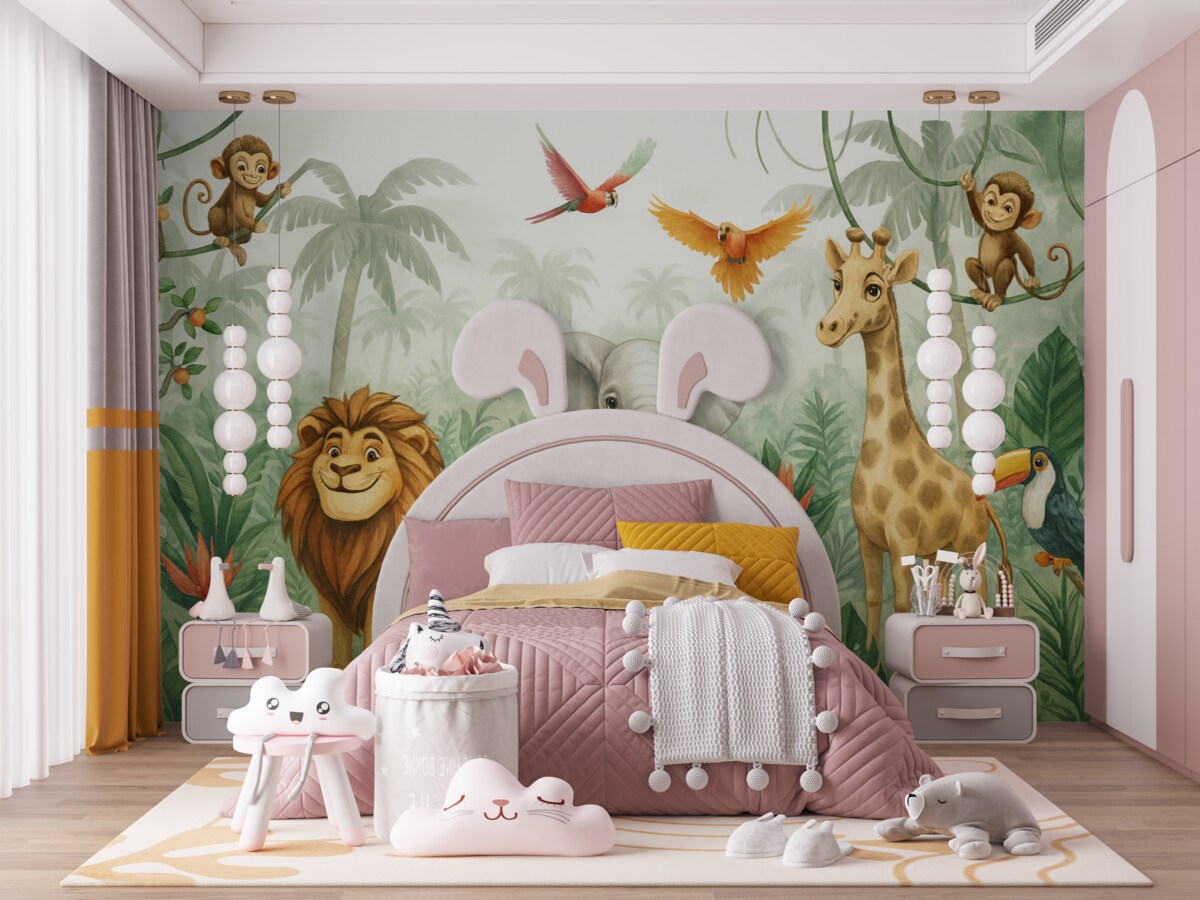 Fototapeta Dziecięcy motyw jungli z lwem, żyrafą, słoniem i papugami.