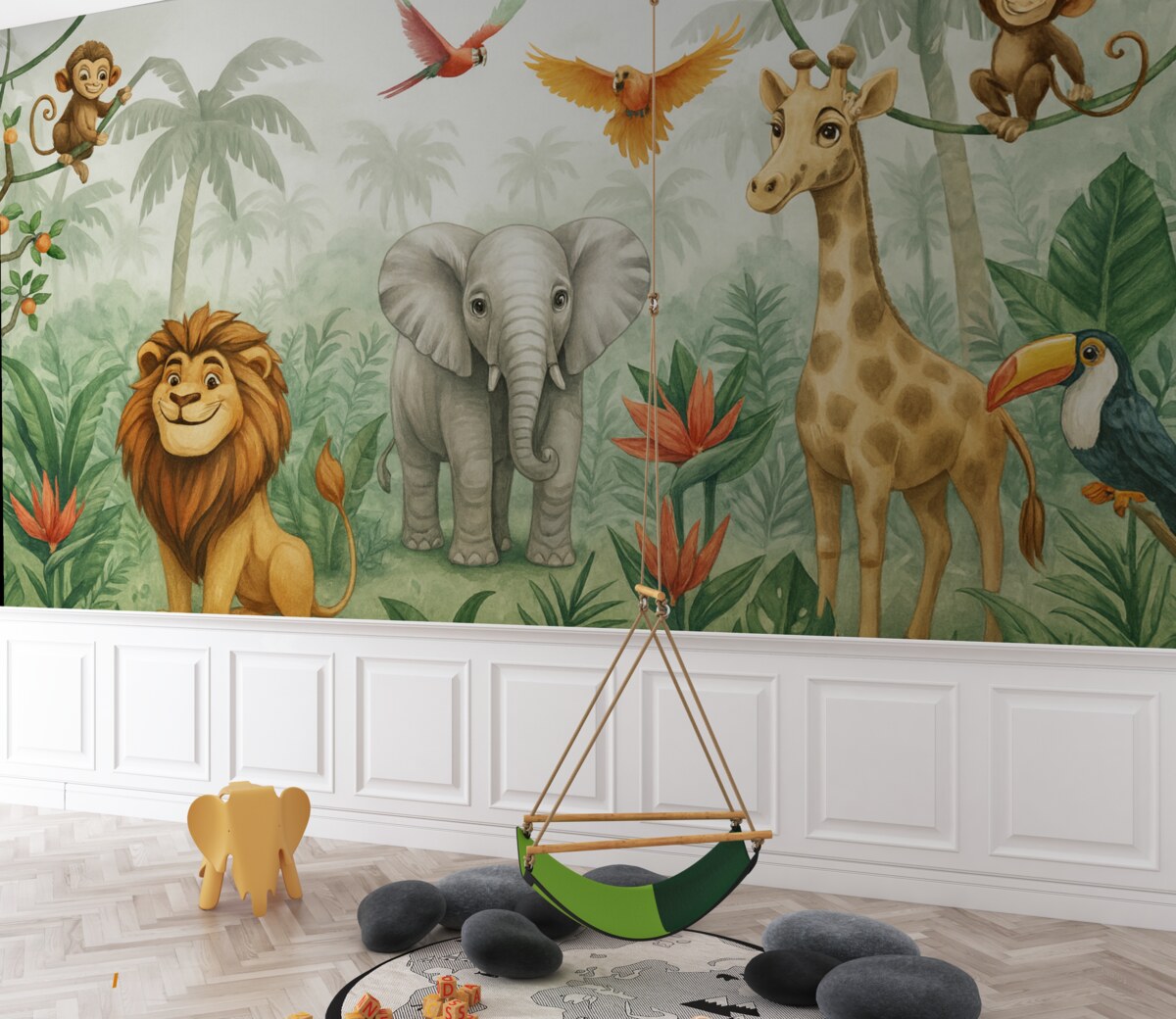 Fototapeta Dziecięcy motyw jungli z lwem, żyrafą, słoniem i papugami.