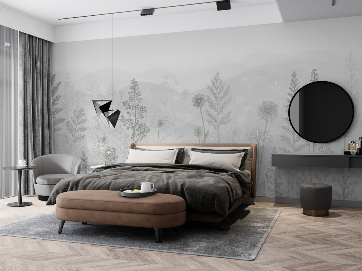 Fototapeta tapeta w stylu ekologicznym, łąkowe kwiaty w tonacji szarości