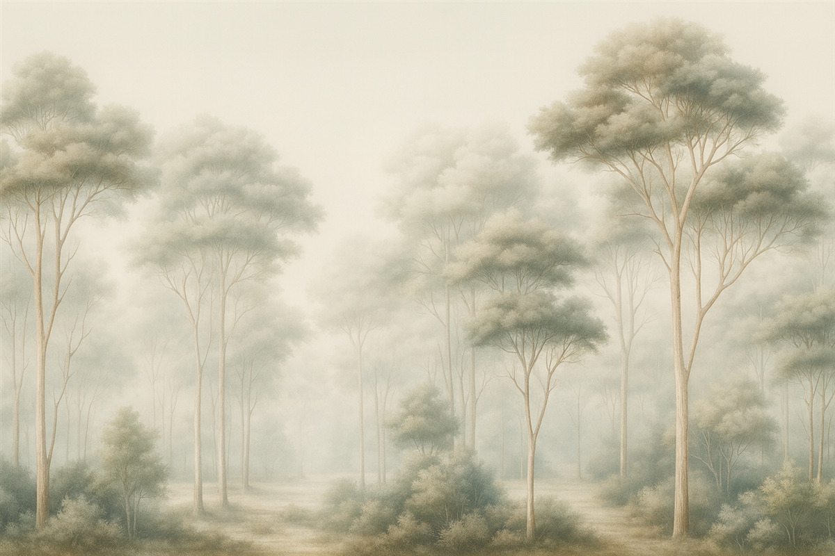 Fototapeta Subtelny zamglony las z rozluźnionymi koronami.