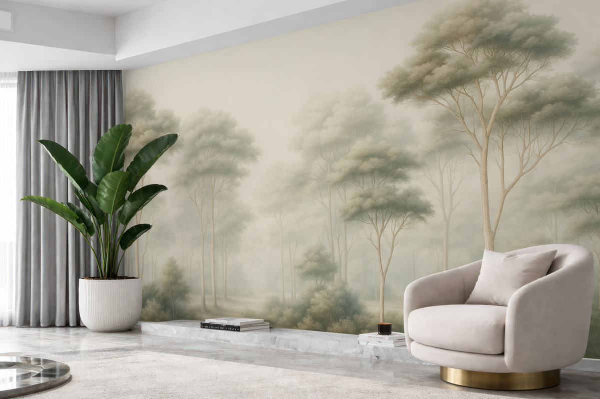 Fototapeta Subtelny zamglony las z rozluźnionymi koronami.