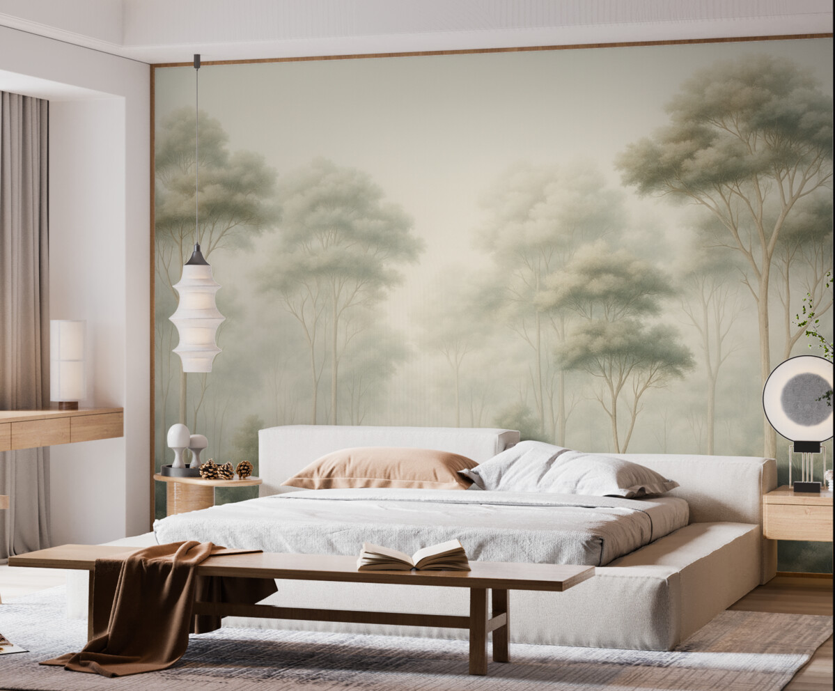 Fototapeta Subtelny zamglony las z rozluźnionymi koronami.