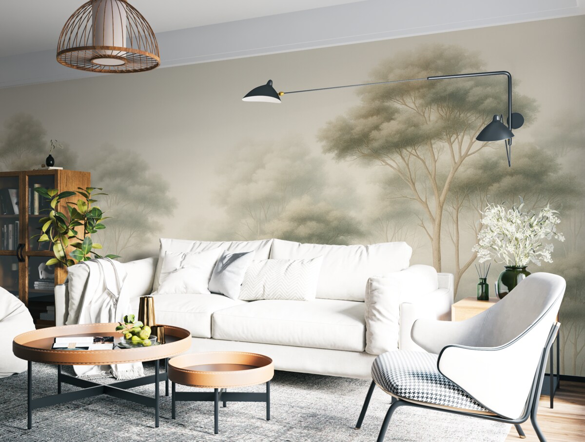 Fototapeta Subtelny zamglony las z rozluźnionymi koronami.