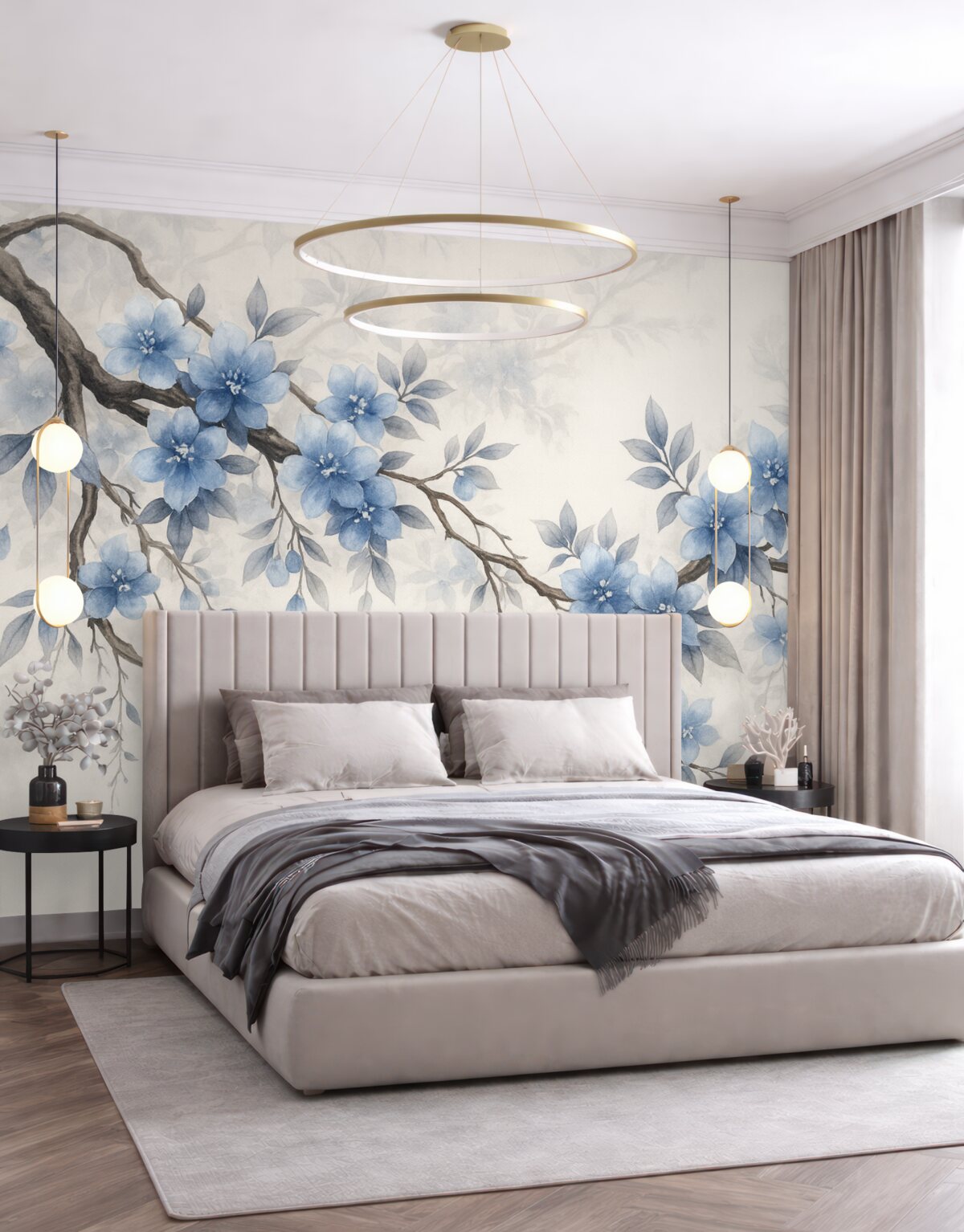 Fototapeta Stylowe gałązki z kwiatkami i liśćmi.