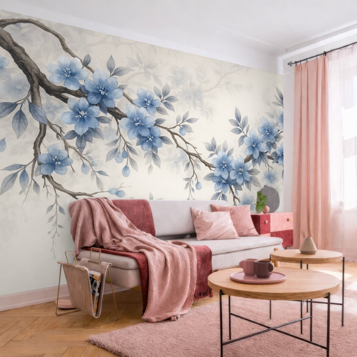 Fototapeta Stylowe gałązki z kwiatkami i liśćmi.