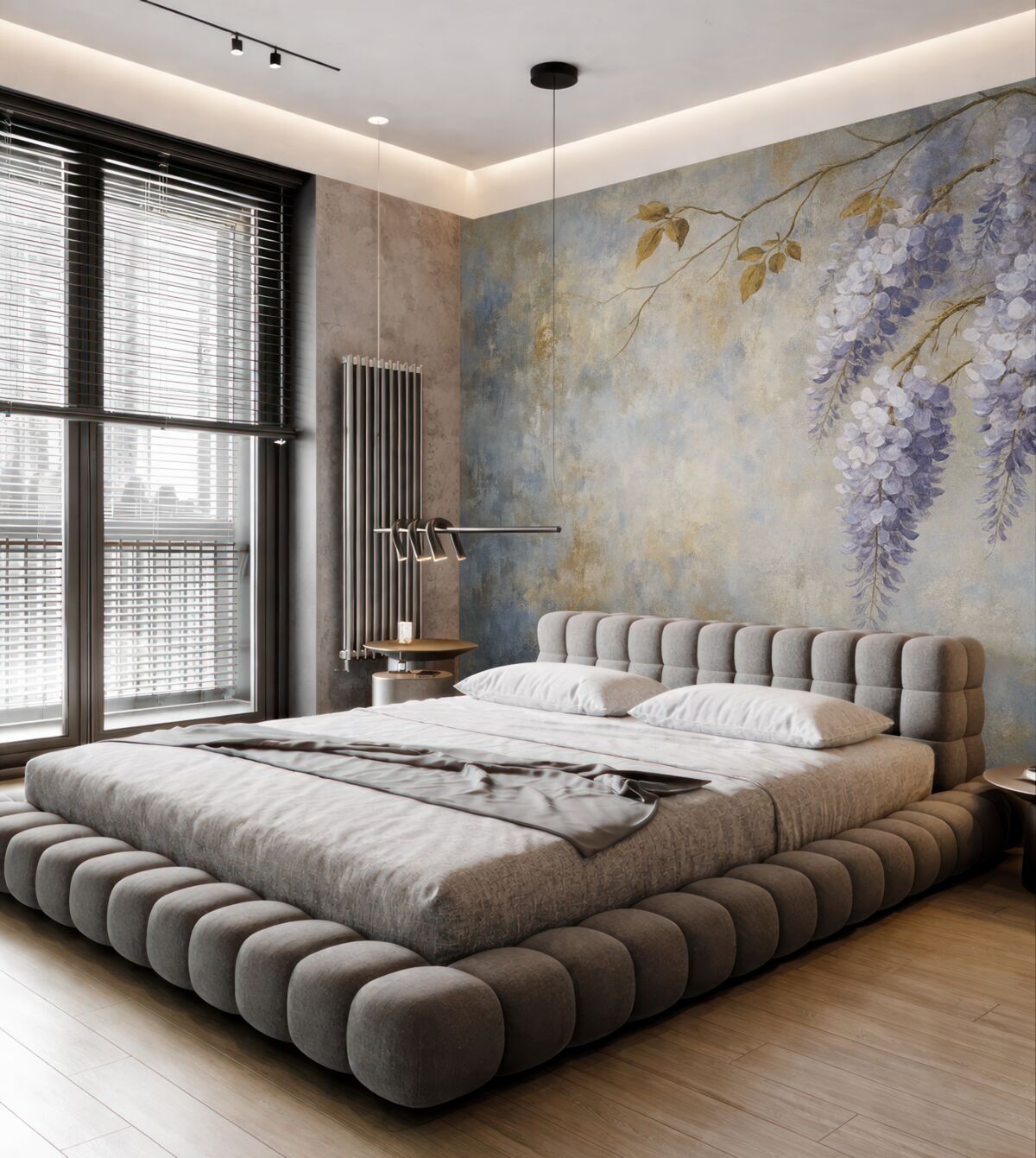 Fototapeta Teksturowana tapeta w łagodnych, subtelnych barwach z delikatnymi kwiatuszkami i gałązkami wisterii.