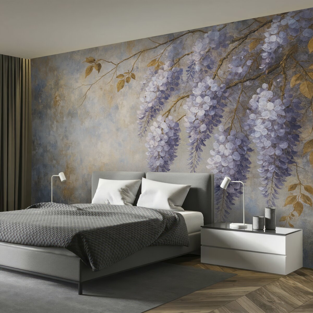 Fototapeta Teksturowana tapeta w łagodnych, subtelnych barwach z delikatnymi kwiatuszkami i gałązkami wisterii.