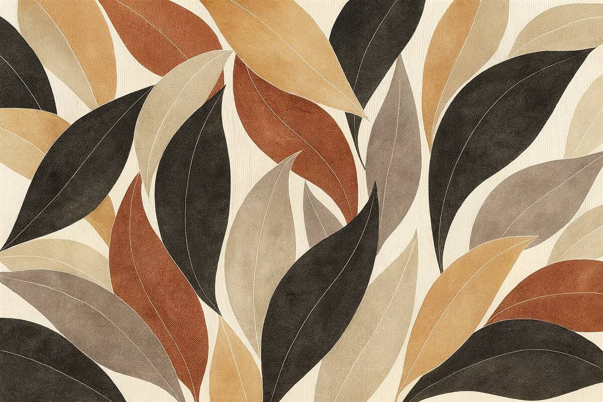 Fototapeta Abstrakcyjne liście w palecie naturalnych tonów - beżu, terakoty i głębokiej szarości.