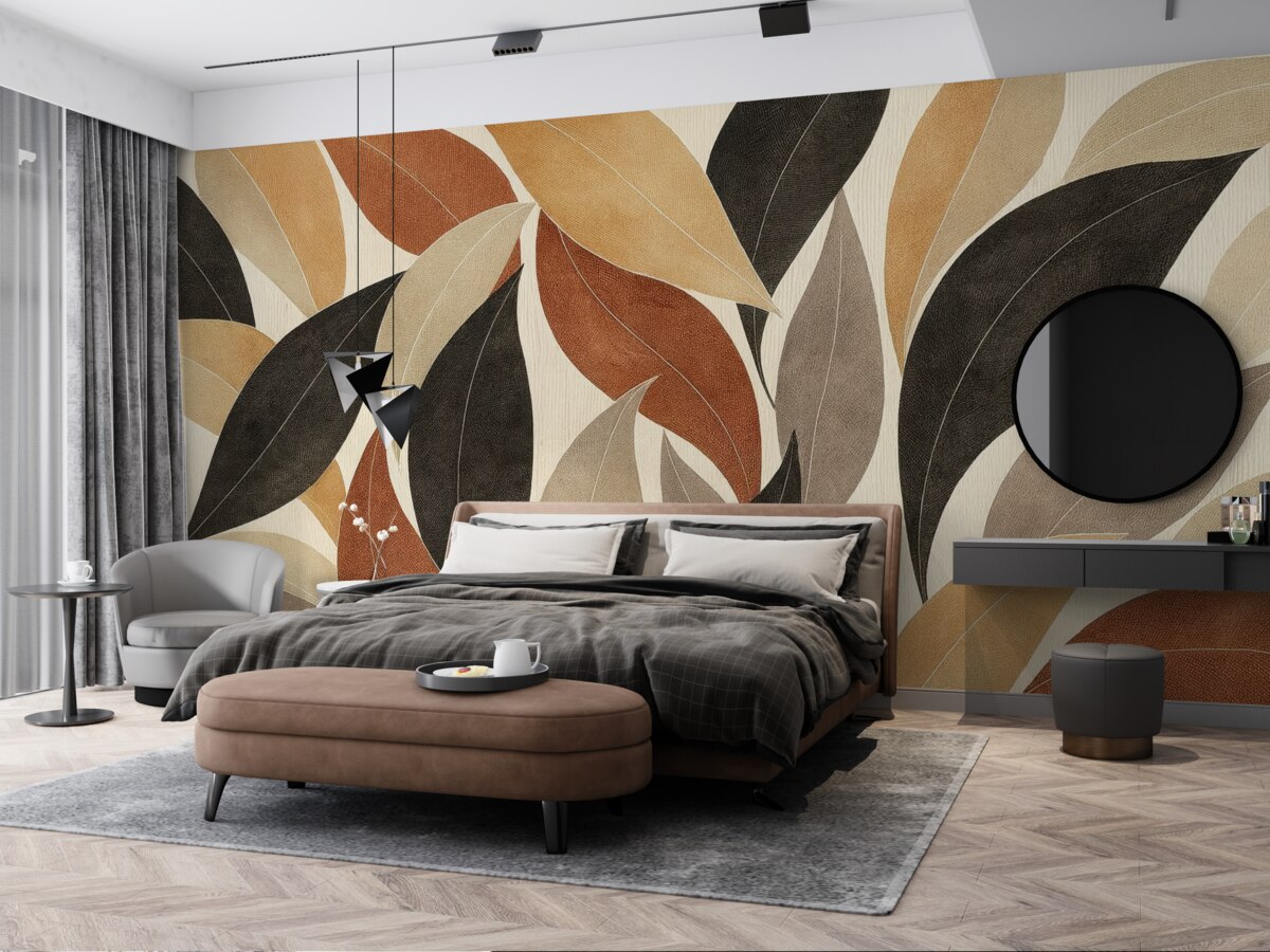 Fototapeta Abstrakcyjne liście w palecie naturalnych tonów - beżu, terakoty i głębokiej szarości.