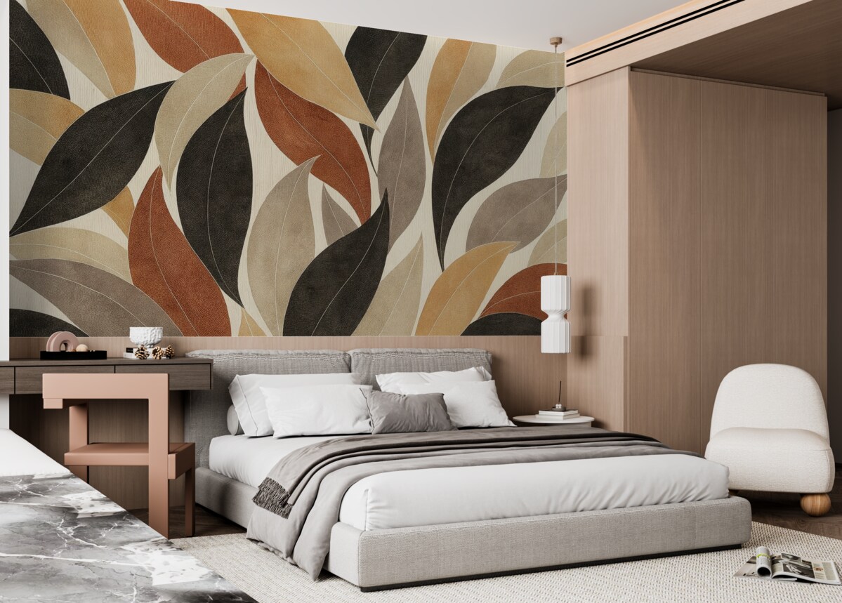 Fototapeta Abstrakcyjne liście w palecie naturalnych tonów - beżu, terakoty i głębokiej szarości.