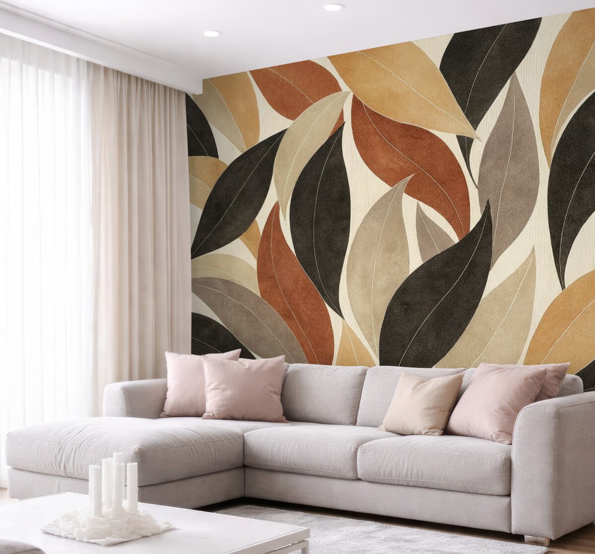 Fototapeta Abstrakcyjne liście w palecie naturalnych tonów - beżu, terakoty i głębokiej szarości.