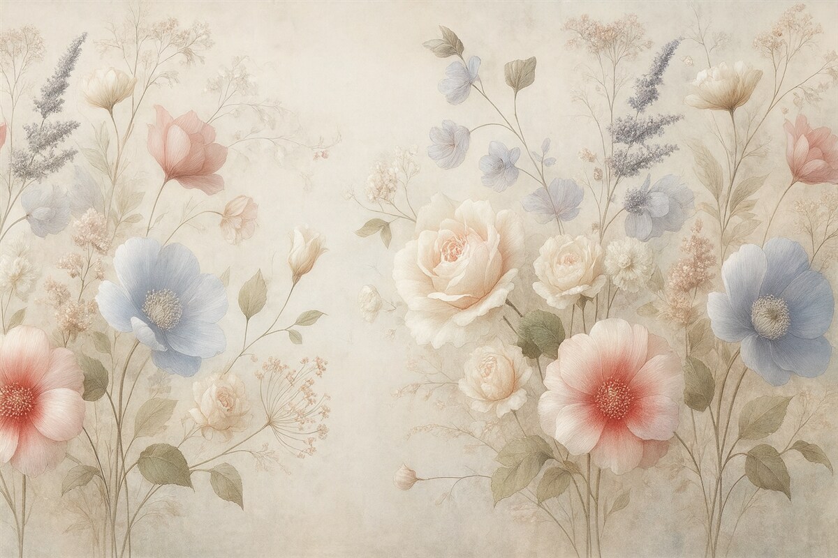 Fototapeta Subtelne łąkowe kwiaty w pastelowych odcieniach na fakturowanym tle.