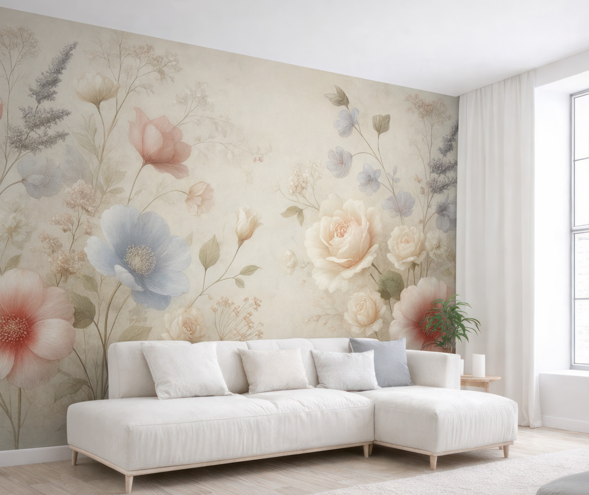 Fototapeta Subtelne łąkowe kwiaty w pastelowych odcieniach na fakturowanym tle.