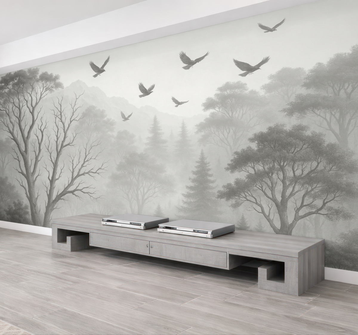 Fototapeta Postacie drzew z ptakami w mgle.